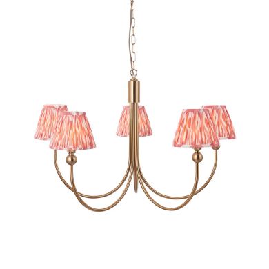 Santiago And Ikat 5 Lights 16cm Coral Pink Shade Curved Ceiling Pendant Light In Brushed Aged Brass