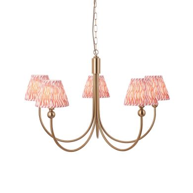 Santiago And Ripple 5 Lights 16cm Coral Pink Shade Curved Ceiling Pendant Light In Brushed Aged Brass