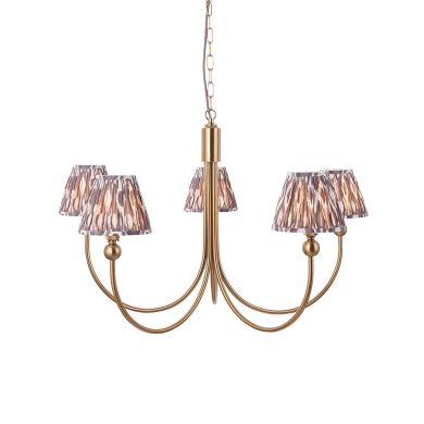 Santiago And Ikat 5 Lights 16cm Pearl Grey Shade Curved Ceiling Pendant Light In Brushed Aged Brass