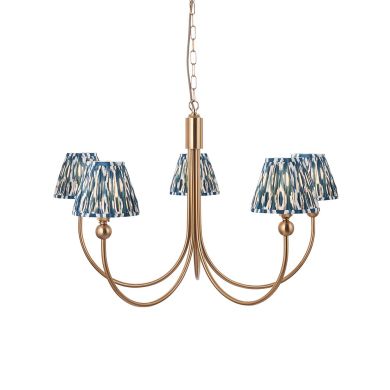 Santiago And Ikat 5 Lights 16cm Marlin Blue Shade Curved Ceiling Pendant Light In Brushed Aged Brass