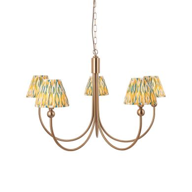 Santiago And Ikat 5 Lights 16cm Yellow And Jade Shade Curved Ceiling Pendant Light In Brushed Aged Brass
