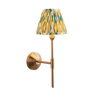 Obelisk T Bar And Ikat 16cm Yellow And Jade Shade Wall Light In Brushed Aged Brass