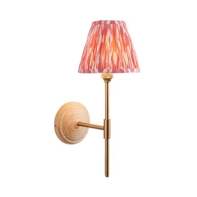 Wood T Bar And Ikat 16cm Coral Pink Shade Wall Light In Brushed Aged Brass
