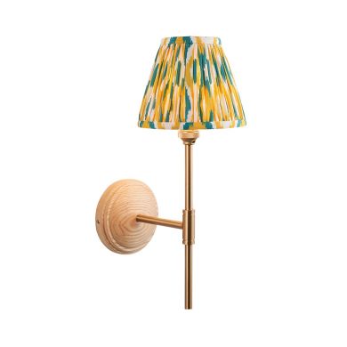 Wood T Bar And Ikat 16cm Yellow And Jade Shade Wall Light In Brushed Aged Brass