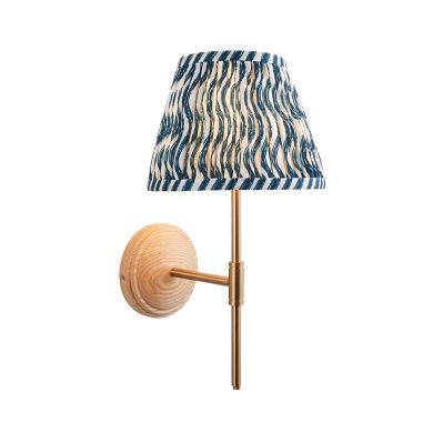 Wood T Bar And Ripple 20cm Marlin Blue Shade Wall Light In Brushed Aged Brass