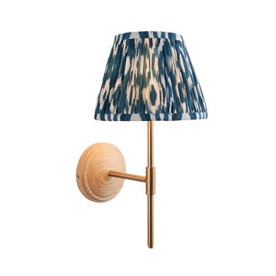 Wood T Bar And Ikat 20cm Marlin Blue Shade Wall Light In Brushed Aged Brass