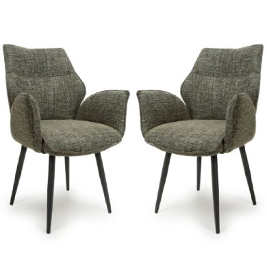 Baltimore Green Tweed Fabric Swivel Dining Chairs In Pair
