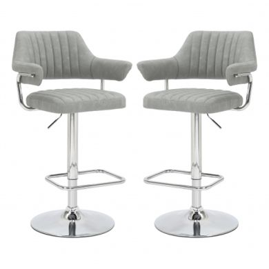 Cortez Swivel Light Grey Leather Effect Fabric Bar Stools In Pair
