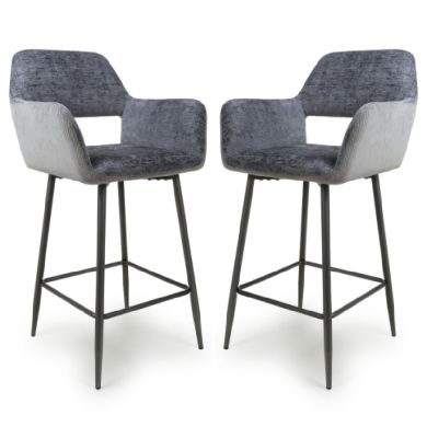 Sorento Blue And Grey Chenille Corduroy Fabric Bar Chairs In Pair