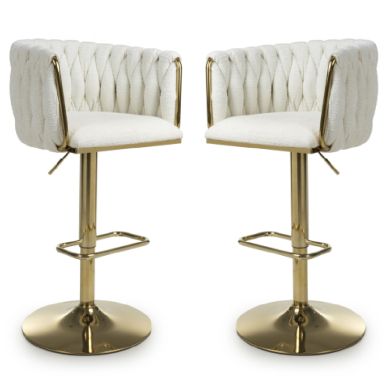 Bellaire Cream Textured Effect Velvet Bar Stools In Pair