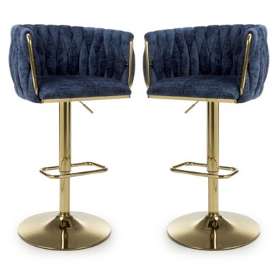 Bellaire Blue Textured Effect Velvet Bar Stools In Pair