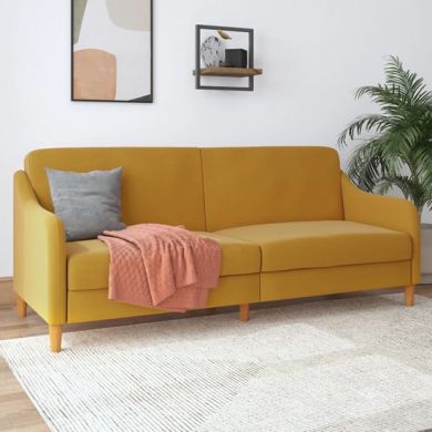 Jasper Linen Fabric Sofa Bed In Mustard With Wooden Legs