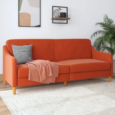 Jasper Linen Fabric Sofa Bed In Orange With Wooden Legs