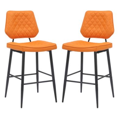 Garrick Orange Real Leather Bar Stools In Pair