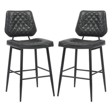Garrick Black Real Leather Bar Stools In Pair
