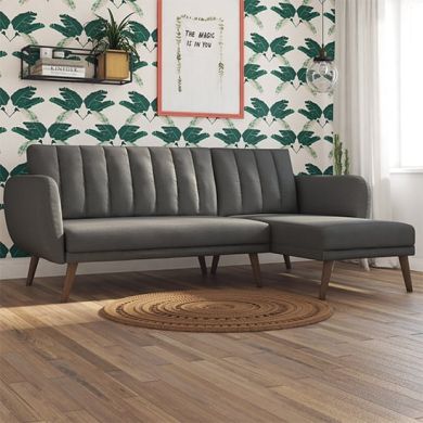 Brittany Linen Corner Sofa Bed In Dark Grey With Wooden Legs