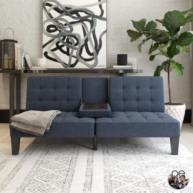 Adalynn Convertible Futon Linen Fabric Sofa Bed In Blue