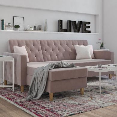 Liberty Velvet Sofa Bed In Pink With Oak Legs
