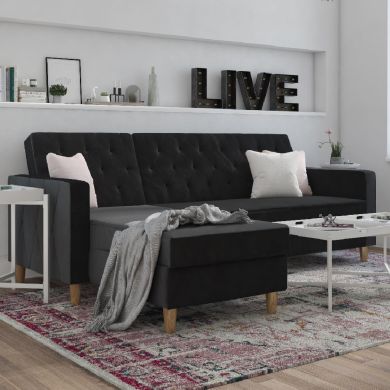 Liberty Velvet Sofa Bed In Black With Oak Legs