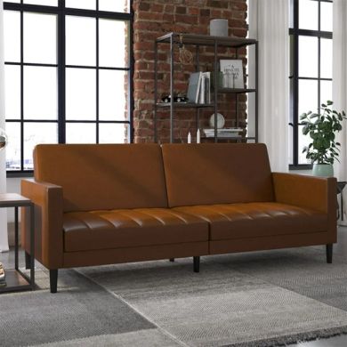 Liam Faux Leather Futon Sofa Bed In Camel With Solid Wood Legs