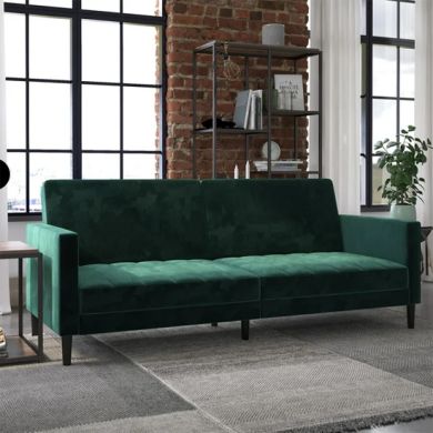Liam Velvet Futon Sofa Bed In Green With Solid Wood Legs