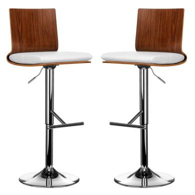 Sotres White Leather And Walnut Wooden Seat Bar Stools In Pair