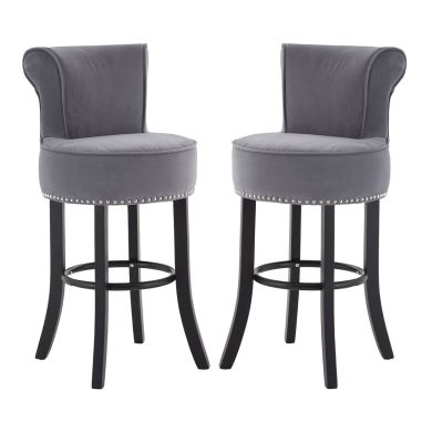 Regents Park Round Grey Fabric Bar Chairs With Rubberwood Legs In Pair