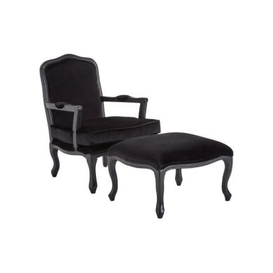 Reus Velvet Upholstered Armchair With Footstool In Black