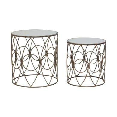 Avantis Round Mirrored Glass Set Of 2 Side Tables With Antique Frame