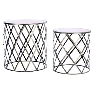 Avantis Diamond Design Mirrored Glass Set Of 2 Side Tables With Silver Frame