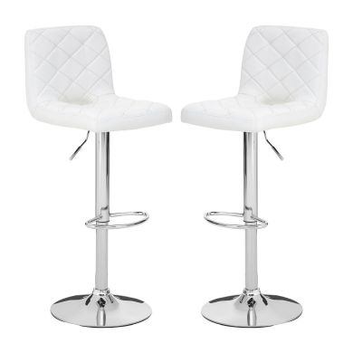 Tora White Leather Effect Gas-Lift Bar Stools With Chrome Base In Pair