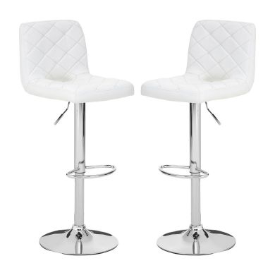 Tora White Leather Effect Gas-Lift Bar Stools With Chrome Base In Pair