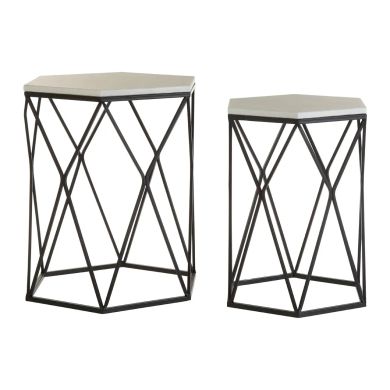 Arcana Hexagonal Marble Set Of 2 Side Tables With Black Metal Frame