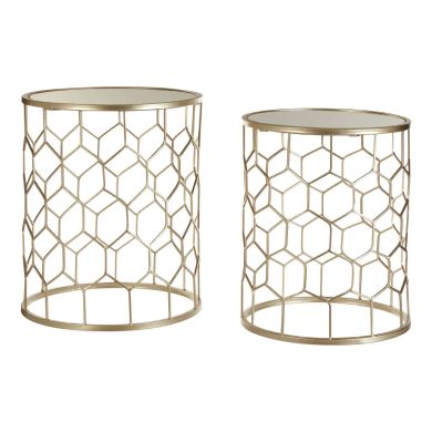 Arcana Honeycomb Mirrored Set Of 2 Side Tables Champagne Metal Frame