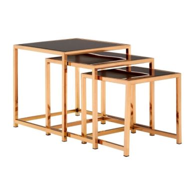 Axminster Black Glass Nest Of 3 Tables With Rose Gold Stainless Steel Frame