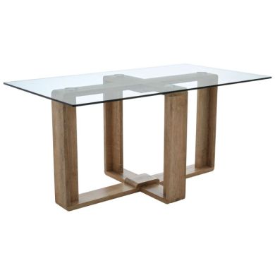 Baldock Rectangular Clear Glass Dining Table With Natural Wooden Base