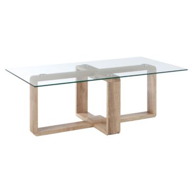 Baldock Rectangular Clear Glass Coffee Table With Natural Wooden Base