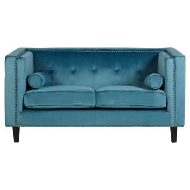 Fauna Velvet 2 Seater Sofa In Blue With Black Wooden Legs