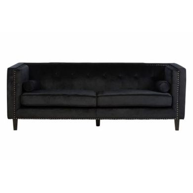 Fauna Velvet 3 Seater Sofa In Black With Black Wooden Legs
