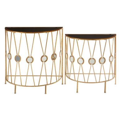 Faiza Glass Top Set Of 2 Console Tables With Rich Gold X Design Frame