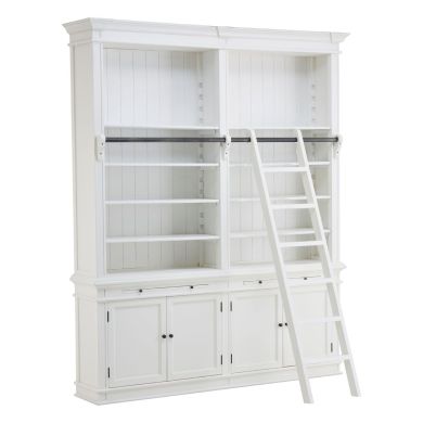 Dayak Large Wooden Bookcase With Ladder In White