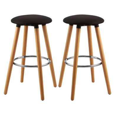 Stockholm Round Black Faux Linen Bar Stools With Beechwood Legs In Pair