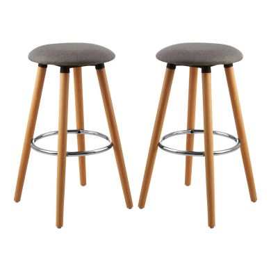 Stockholm Round Grey Faux Linen Bar Stools With Beechwood Legs In Pair
