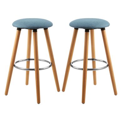 Stockholm Round Blue Faux Linen Bar Stools With Beechwood Legs In Pair