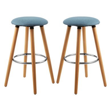 Stockholm Round Blue Faux Linen Bar Stools With Beechwood Legs In Pair