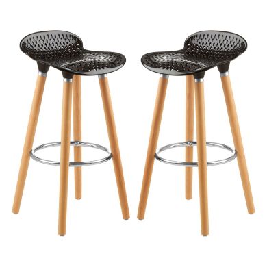 Stockholm Matte Black Plastic Seat Bar Stools With Beechwood Legs In Pair