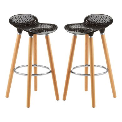 Stockholm Matte Black Plastic Seat Bar Stools With Beechwood Legs In Pair