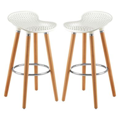 Stockholm Matte White Plastic Seat Bar Stools With Beechwood Legs In Pair