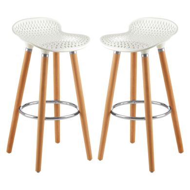 Stockholm Matte White Plastic Seat Bar Stools With Beechwood Legs In Pair