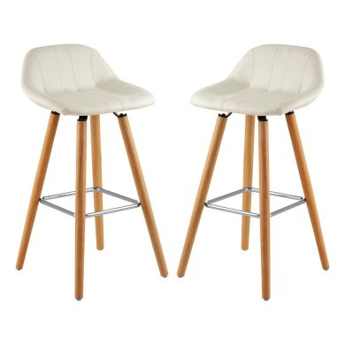 Stockholm White Faux Leather Bar Stools With Beechwood Legs In Pair